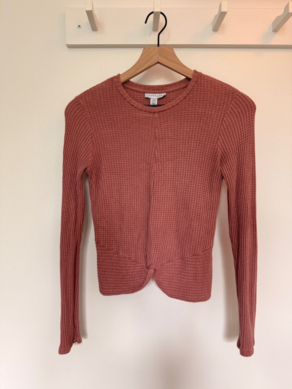 Topshop Waffle-Knit Twist Front Long Sleeve Cropped Top - Rose - Size 4